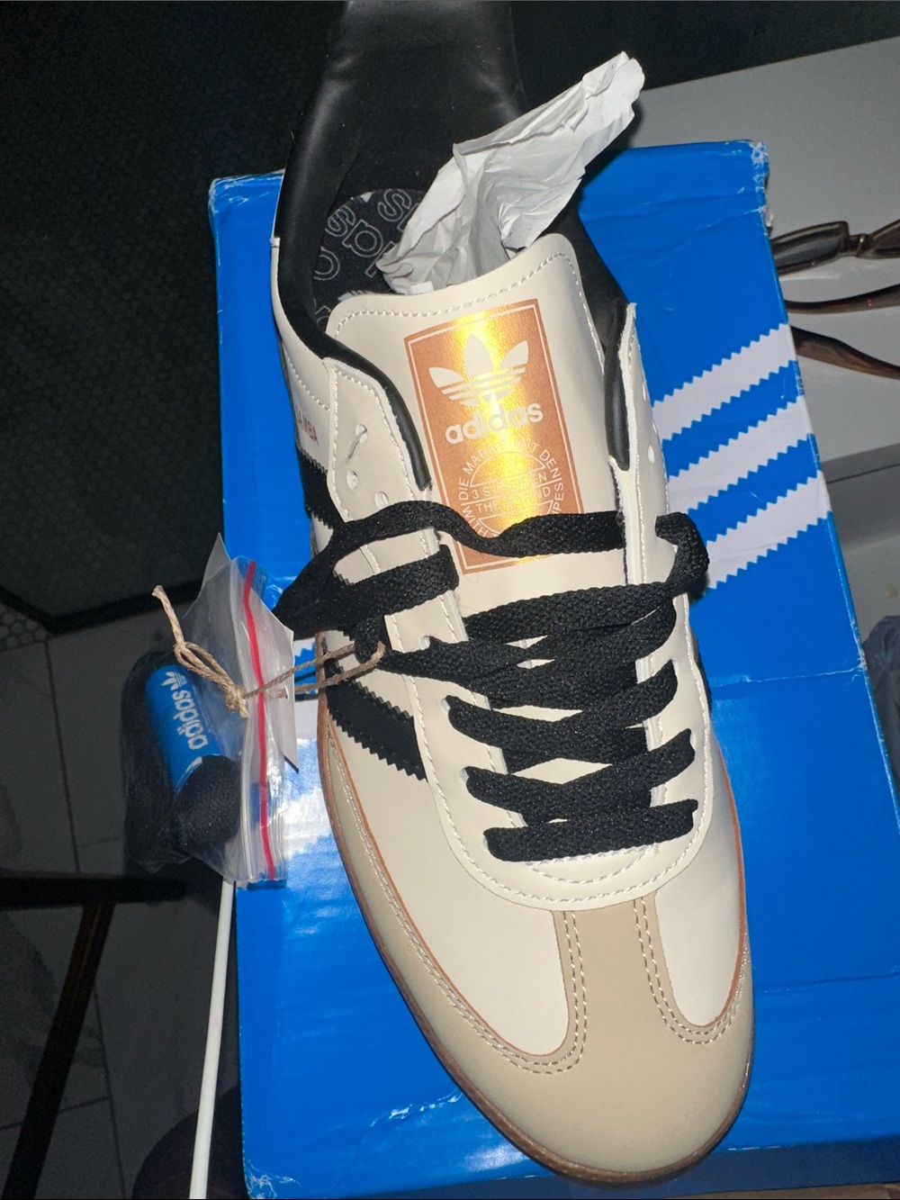 adidas Women's Cream and Black Retro Sneaker with Gold Logo